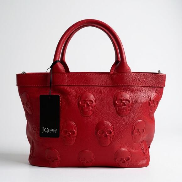 New IOPELLE Italia Skull Embossed RED Leather Tote Bag XL Crossbody Strap. - Picture 1 of 4